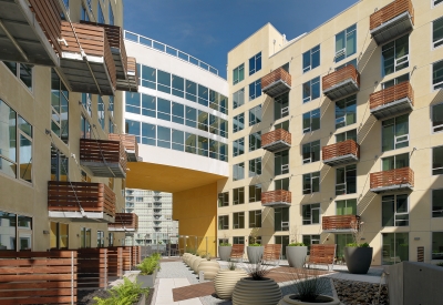 Rincon Green courtyard and wood balconies in San Francisco.