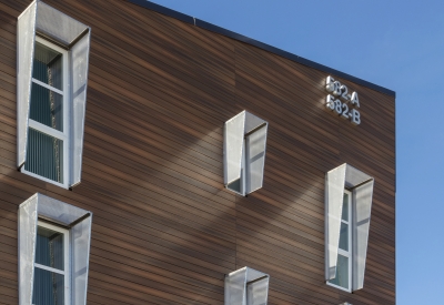 View of the perforated metal screens shades on Rocky Hill Veterans Housing in Vacaville, California.