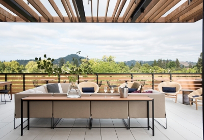 Rooftop terrace at Harmon Guest House over looking the Healdsburg mountains.