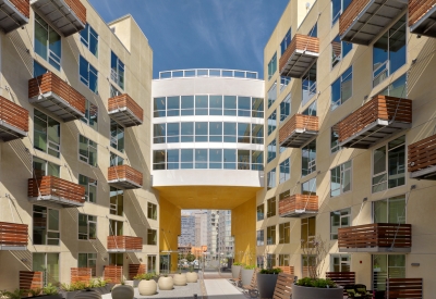 Rincon Green courtyard and wood balconies in San Francisco.