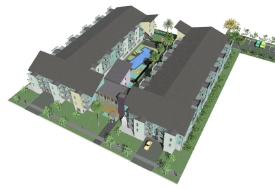 3D aerial site plan for Lenzen Square in San Jose, California.