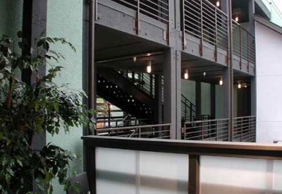 Looking out to a residents balcony at Lenzen Square in San Jose, California.