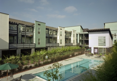 Pool and courtyard at Lenzen Square in San Jose, California.