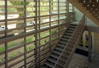 Open-air stair at Lenzen Square in San Jose, California.