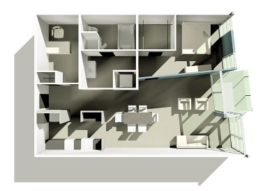 Aerial 3D model of a one bedroom loft for Channel Lofts.