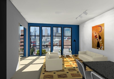 Interior rendering in a Channel Lofts unit.