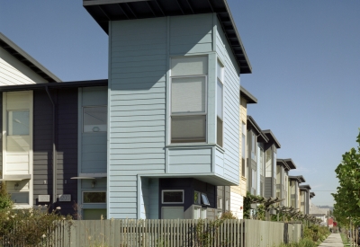 Corner view of Magnolia Row in West Oakland, California.