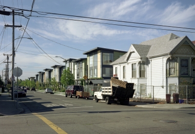 Exterior corner view of Magnolia Row in West Oakland, California.