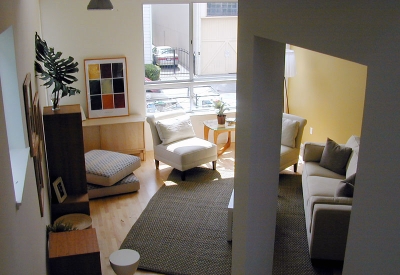 Living area in a unit at Magnolia Row in West Oakland, California.