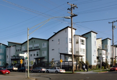 Exterior street view of the corner of Linden Court in Oakland, California.