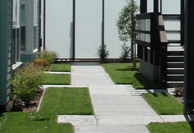 Path in the courtyards of Linden Court in Oakland, California.