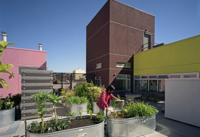 Resident with black hair and bright pink jacket tending a planting bed on the rooftop garden. 