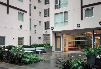 Urban courtyard with lush planting, seating, and small fountains, with concrete wet from rain.