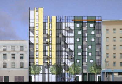 Cartoon-style sketch of the building elevation, showing balconies and color patterns.