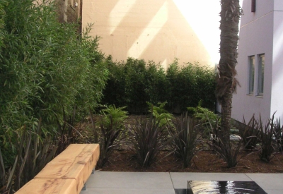 Detail showing rustic wood bench facing black, reflective meditation fountain. 