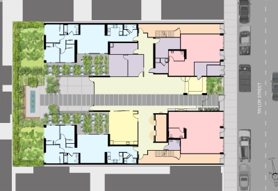 Site plan showing ground-floor uses of Curran House in San Francisco.
