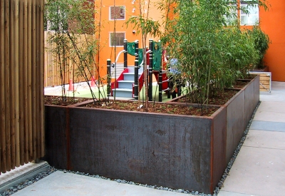 Corten planters at Folsom-Dore Supportive Apartments in San Francisco, California.