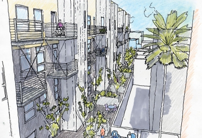 Back courtyard sketch for Folsom-Dore Supportive Apartments in San Francisco, California.
