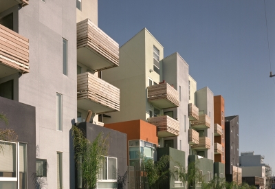 Exterior detail view of Folsom-Dore Supportive Apartments in San Francisco, California.