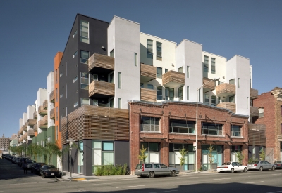 Exterior corner elevation of Folsom-Dore Supportive Apartments in San Francisco, California.