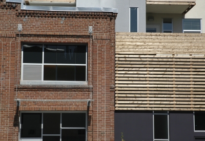 Exterior detail at Folsom-Dore Supportive Apartments in San Francisco, California.