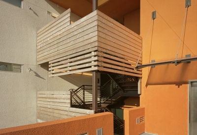 Open-air stairs at Folsom-Dore Supportive Apartments in San Francisco, California.
