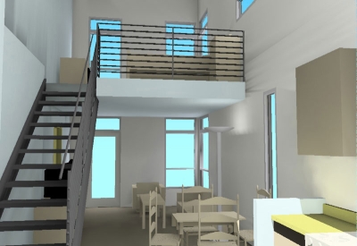 Interior rendering of a loft unit at Folsom-Dore Supportive Apartments in San Francisco, California.