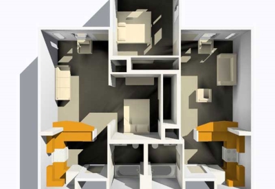 Rendering of studio and one bedroom unit floor plans at Folsom-Dore Supportive Apartments in San Francisco, California.