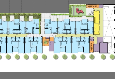 Upper floor plan for Folsom-Dore Supportive Apartments in San Francisco, California.