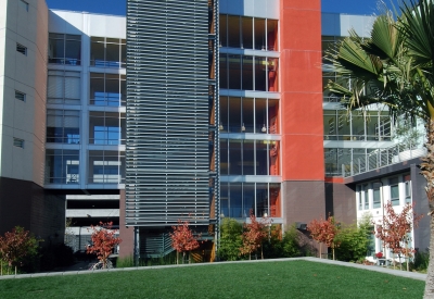 Exterior view of the stairs from the public courtyard at 888 Seventh Street in San Francisco.