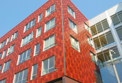 Detail of the red shingles that cover 888 Seventh Street in San Francisco.