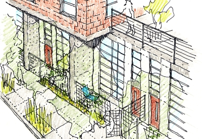 Sketch of the ground level townhouses for 888 Seventh Street in San Francisco.