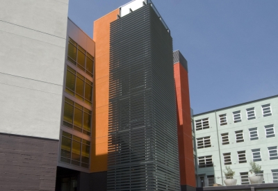 Exterior view of the stairs from the public courtyard at 888 Seventh Street in San Francisco.