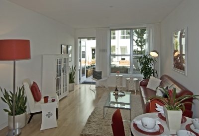 Living room of a studio unit at 888 Seventh Street in San Francisco.