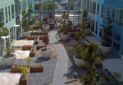 Residential courtyard with glass sound wall at 888 Seventh Street in San Francisco.