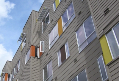 Detail of exterior of Armstrong Place Senior in San Francisco during construction.