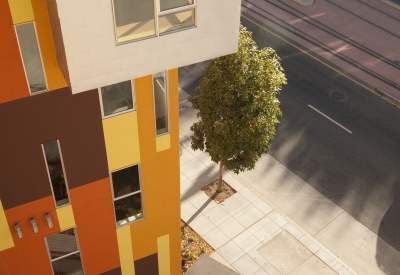 Looking down into the entry court at Armstrong Place Senior in San Francisco.