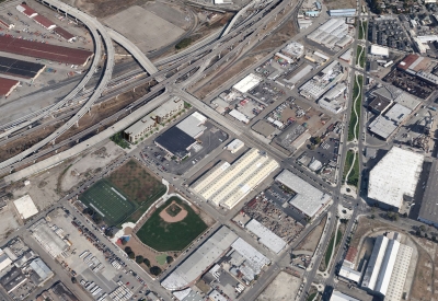 Digital visualization of aerial view for 2121 Wood Street in Oakland, California.