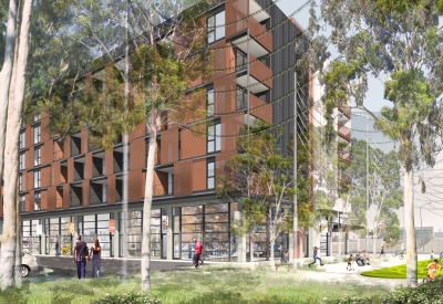 Exterior rendering of the park looking out towards Wood Street for 2121 Wood Street in Oakland, California. 