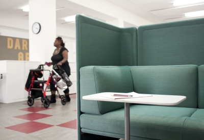 Seating area inside CHP Training Center in San Francisco.