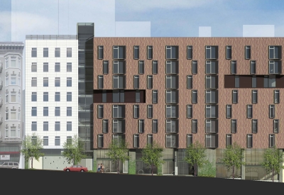 Rendered elevation of 222 Taylor Street, affordable housing in San Francisco.