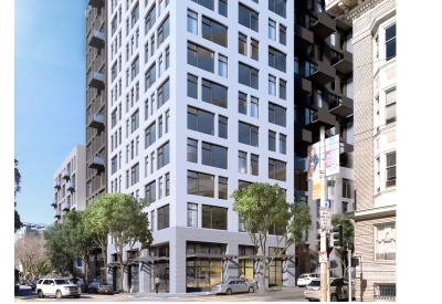 Exterior rendering of retail spaces on the ground floor of 600 McAllister in San Francisco.