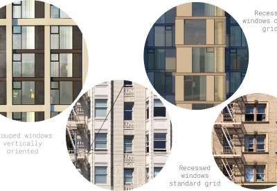 Diagram of different types of windows: Recessed windows offset grid, Recessed windows standard grid, and Grouped windows vertically oriented.