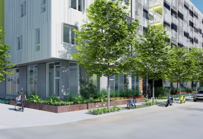 Rendered street view of Coliseum Place, affordable housing in Oakland, Ca