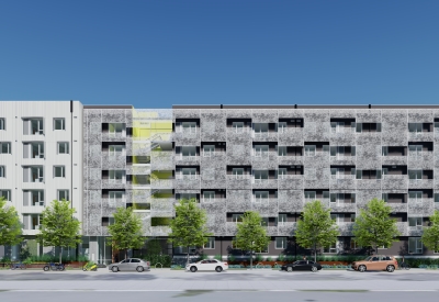 Rendered elevation of Coliseum Place, affordable housing in Oakland, Ca.