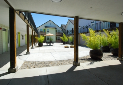 Courtyard and shared walkways at Art Ark in San Jose, California.