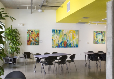 Gathering area inside the common area at Art Ark in San Jose, California.