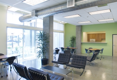 Community lounge area inside Delmas Park in San Jose, California.