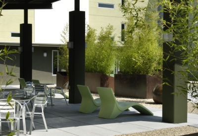 Seating area on the courtyard rooftop at Delmas Park in San Jose, California.