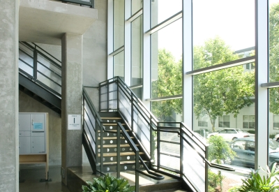 Entrance and stairs inside of Delmas Park in San Jose, California.